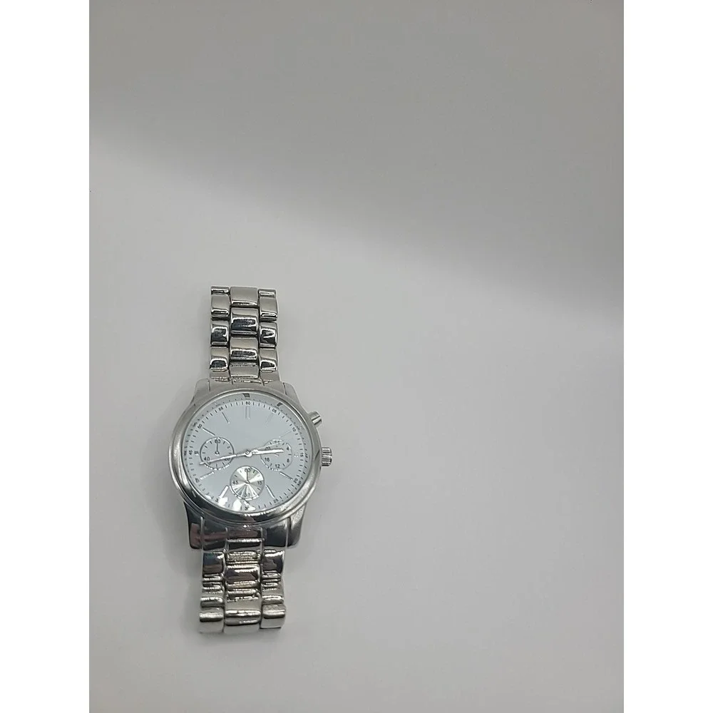 Vintage Silver Tone Chronogragh‎ Style Quartz Watch Metal Link Bracelet